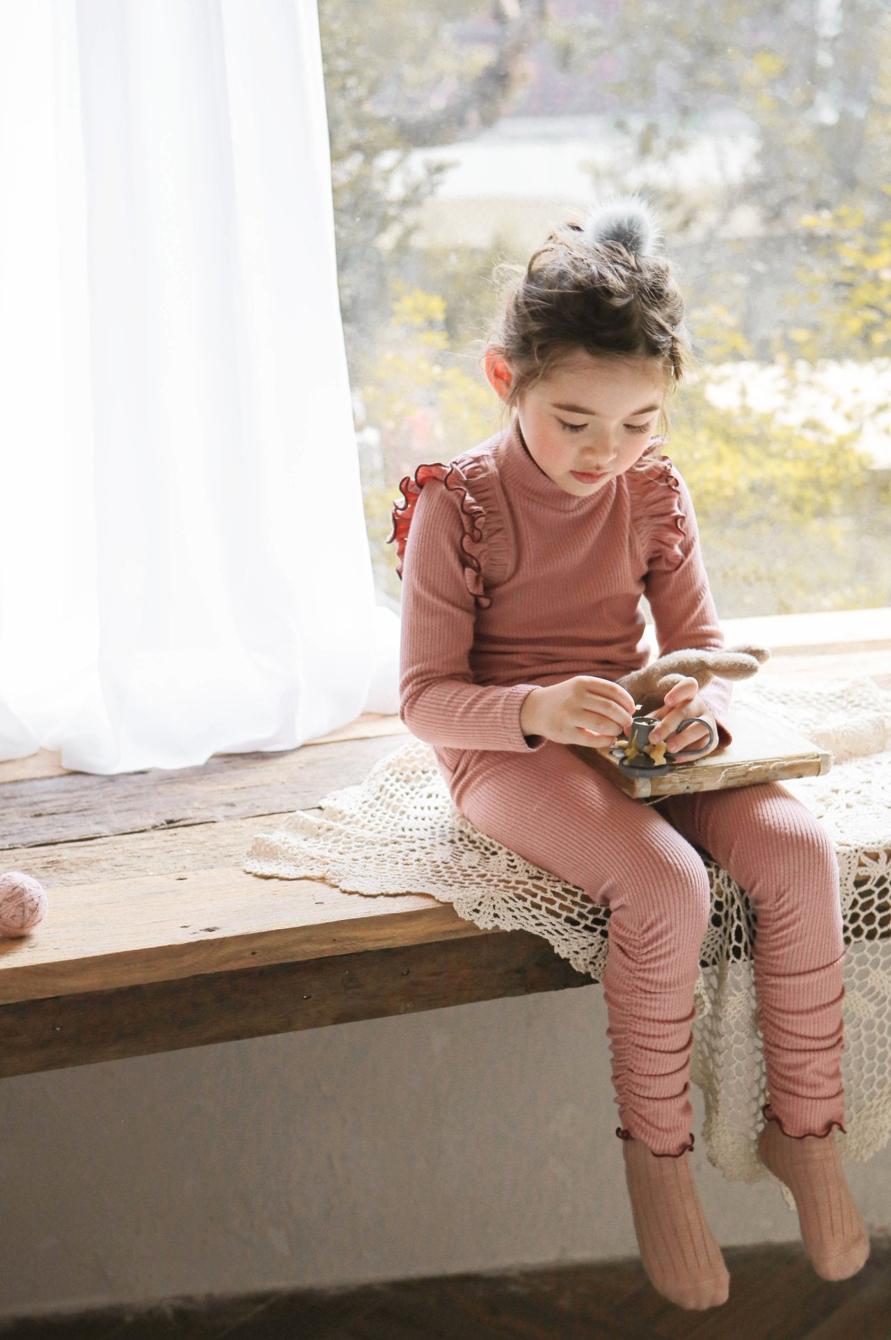 (3-4Y, 6-7Y) Brushed Rib Half Neck Tee and Leggings Set