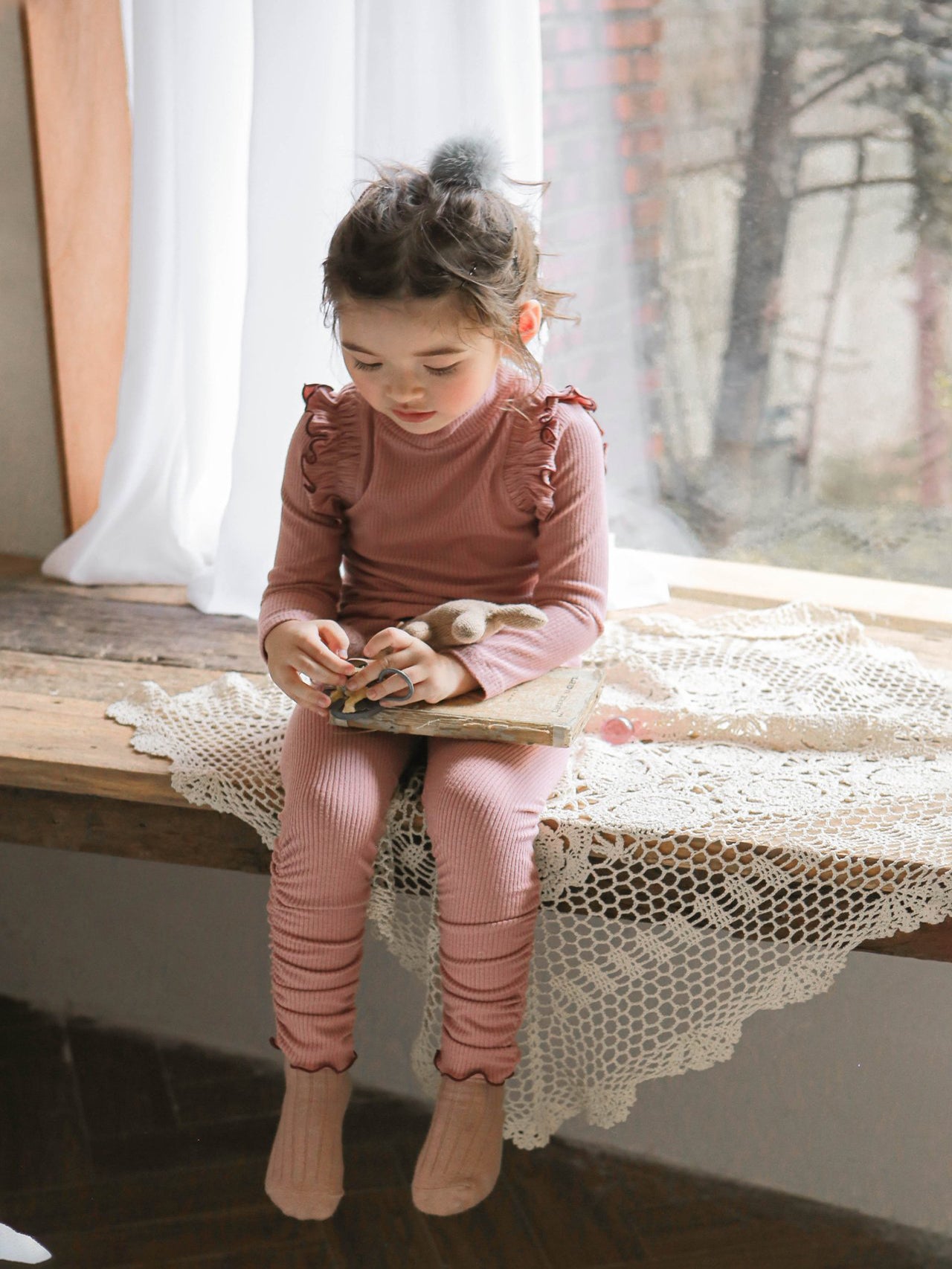 (3-4Y, 6-7Y) Brushed Rib Half Neck Tee and Leggings Set
