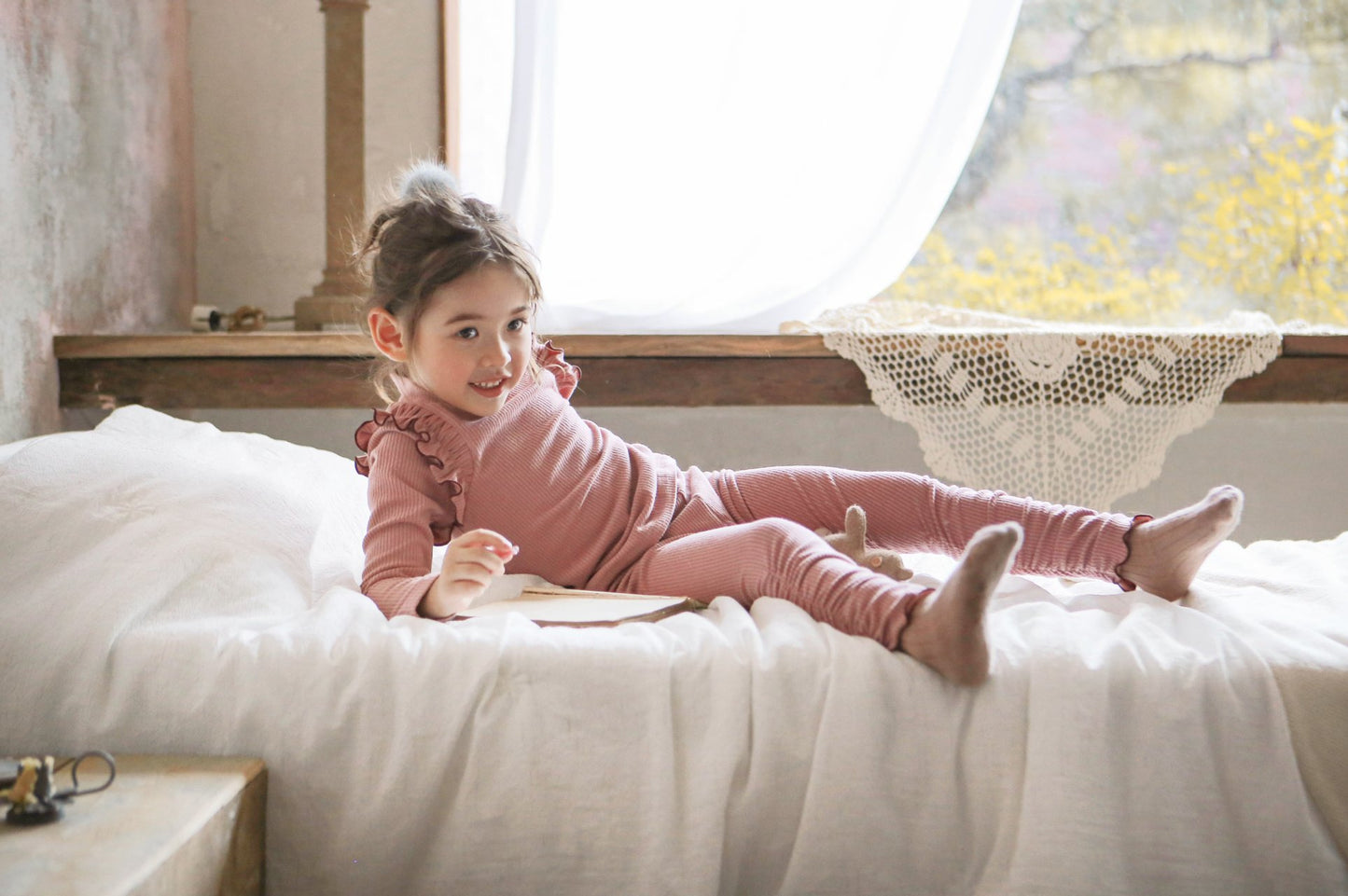 (3-4Y, 6-7Y) Brushed Rib Half Neck Tee and Leggings Set