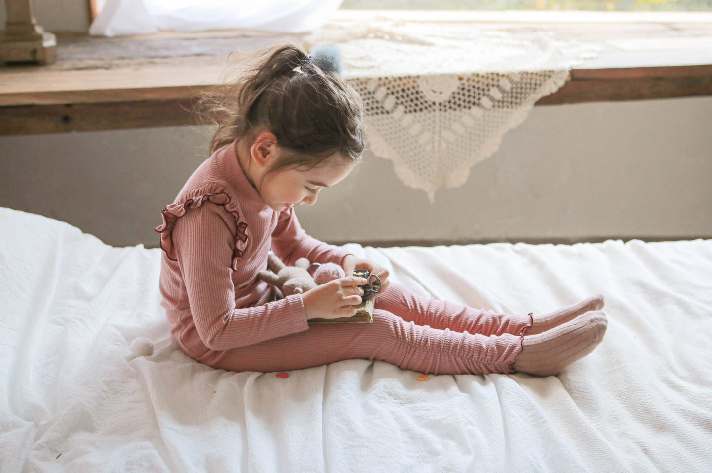 (3-4Y, 6-7Y) Brushed Rib Half Neck Tee and Leggings Set