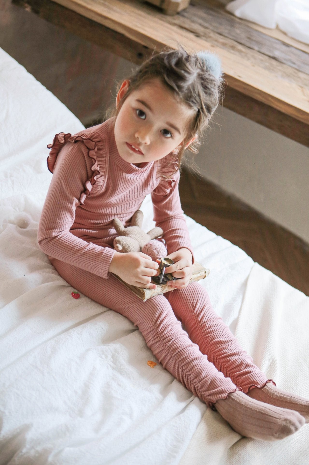 (3-4Y, 6-7Y) Brushed Rib Half Neck Tee and Leggings Set